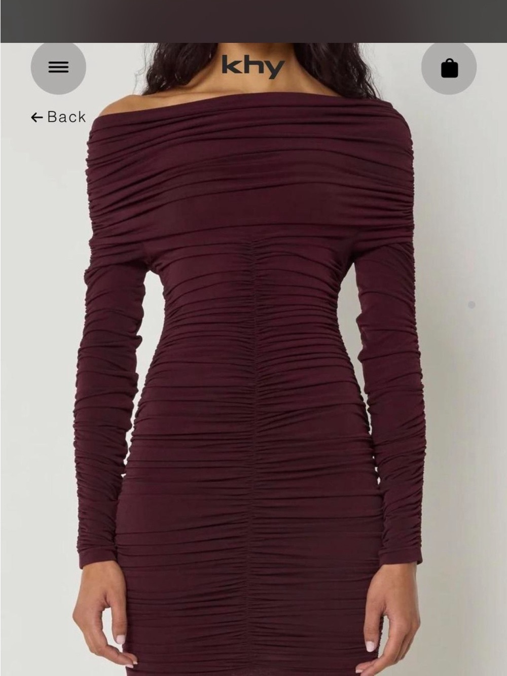 Off-Shoulder Ruched Long Sleeve Dress in Burgundy by khy